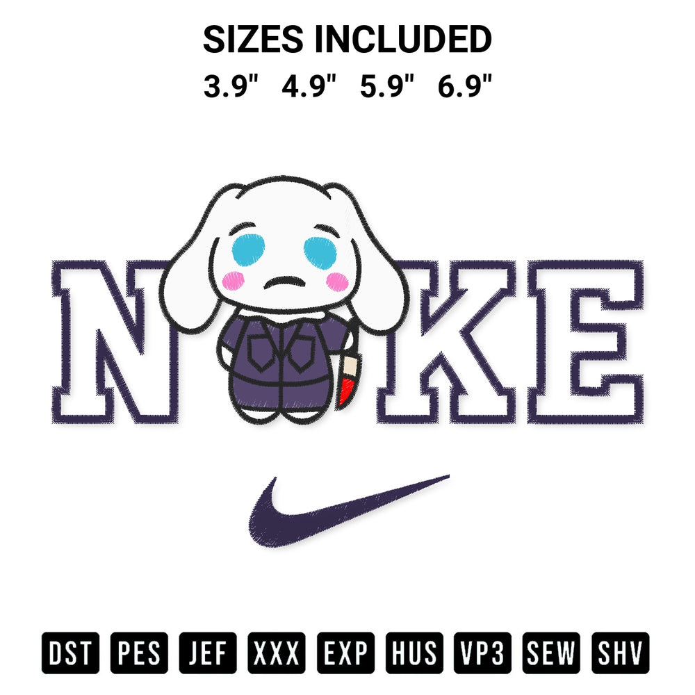 Download the Nike Cinnamoroll Halloween Embroidery Design machine embroidery design exclusively at Designspacks.com. Premium digitized pattern for apparel and DIY crafts. Available sizes: 3.9", 4.9", 5.9", 6.9".