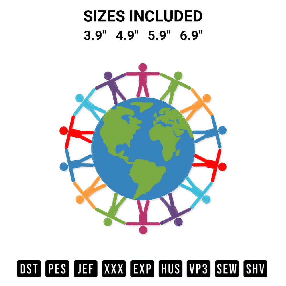 Get the People Around The World Earth Day Embroidery Design embroidery design for your custom crafts! Premium digitized files available for instant download at Designspacks.com. Available sizes: 3.9", 4.9", 5.9", 6.9".