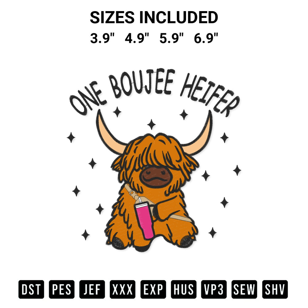 Shop the One Boujee Heifer Highland Cow Embroidery Design machine embroidery pattern at Designspacks.com. Beautifully digitized for flawless stitching on any fabric. Available sizes: 3.9", 4.9", 5.9", 6.9".
