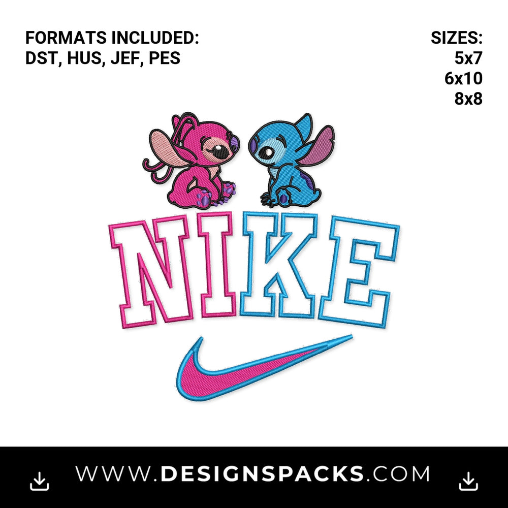 Stitch and Angel Nike Swoosh Embroidery Design - Instant digital download pattern at Designspacks.com