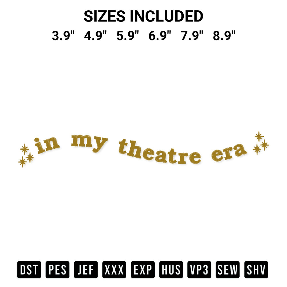 Transform your fabrics with the In My Theater Era Embroidery Design embroidery design. Instant access to premium digitized patterns at Designspacks.com. Available sizes: 3.9", 4.9", 5.9", 6.9", 7.9", 8.9".