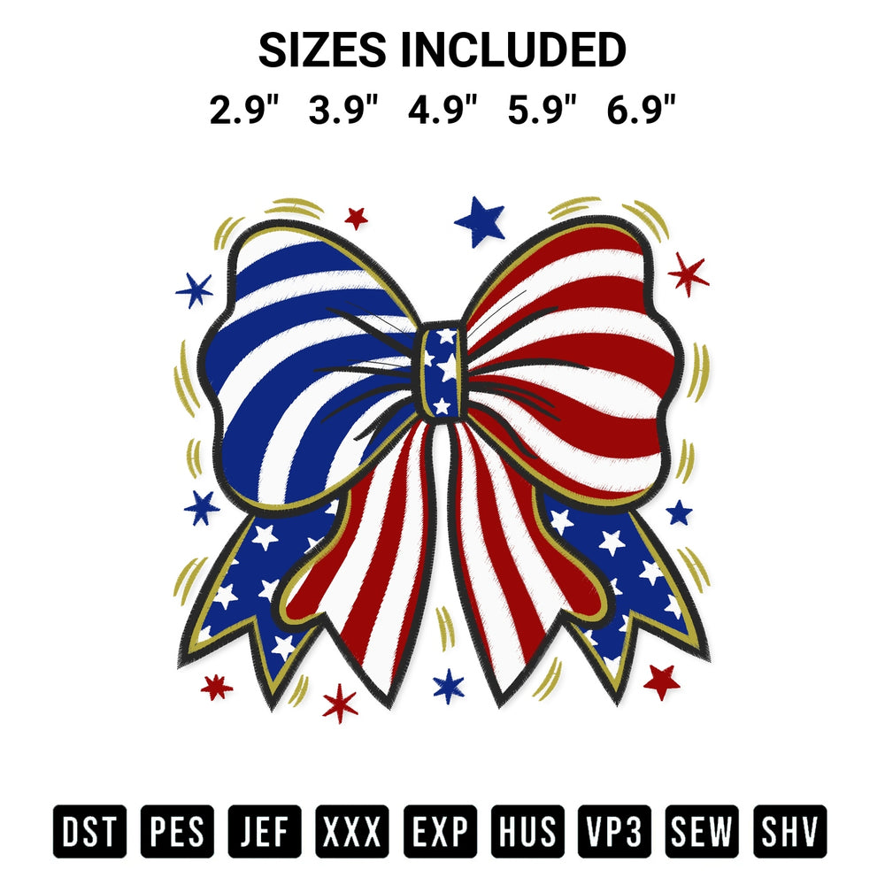 Download the Patriotic Bow Embroidery Design machine embroidery design exclusively at Designspacks.com. Premium digitized pattern for apparel and DIY crafts. Available sizes: 2.9", 3.9", 4.9", 5.9", 6.9".
