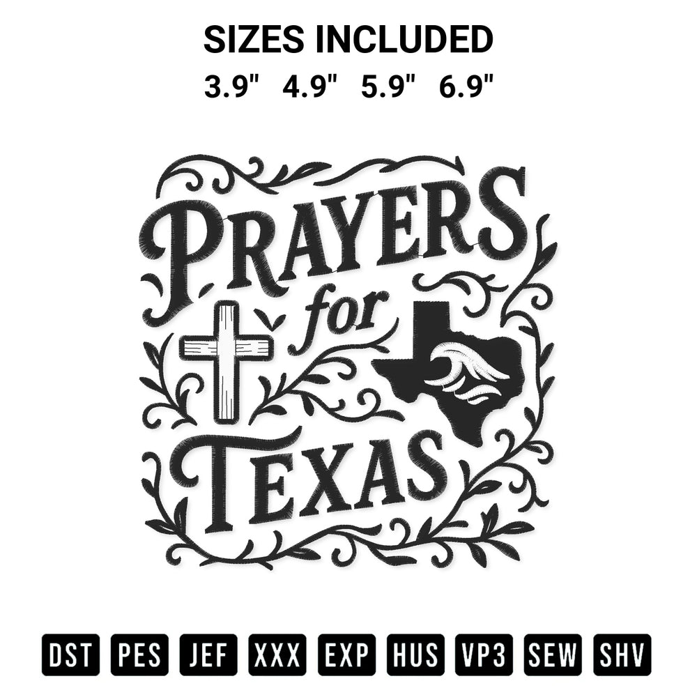 Create amazing crafts with the Prayers For Texas Cross Embroidery Design embroidery file. High-quality digital download from Designspacks.com, perfect for beginners and pros. Available sizes: 3.9", 4.9", 5.9", 6.9".