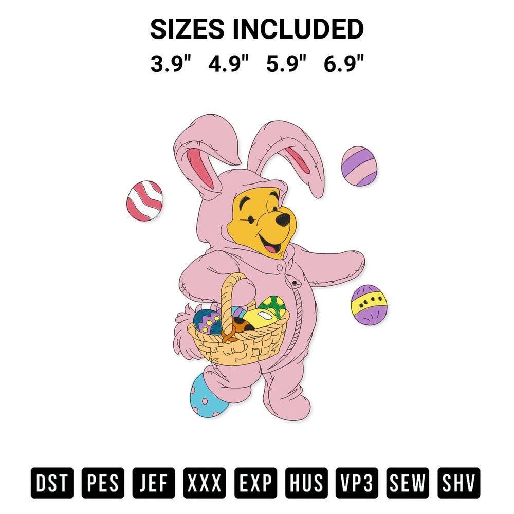 Get the Easter Bunny Winnie The Pooh Embroidery Design embroidery design for your custom crafts! Premium digitized files available for instant download at Designspacks.com. Available sizes: 3.9", 4.9", 5.9", 6.9".