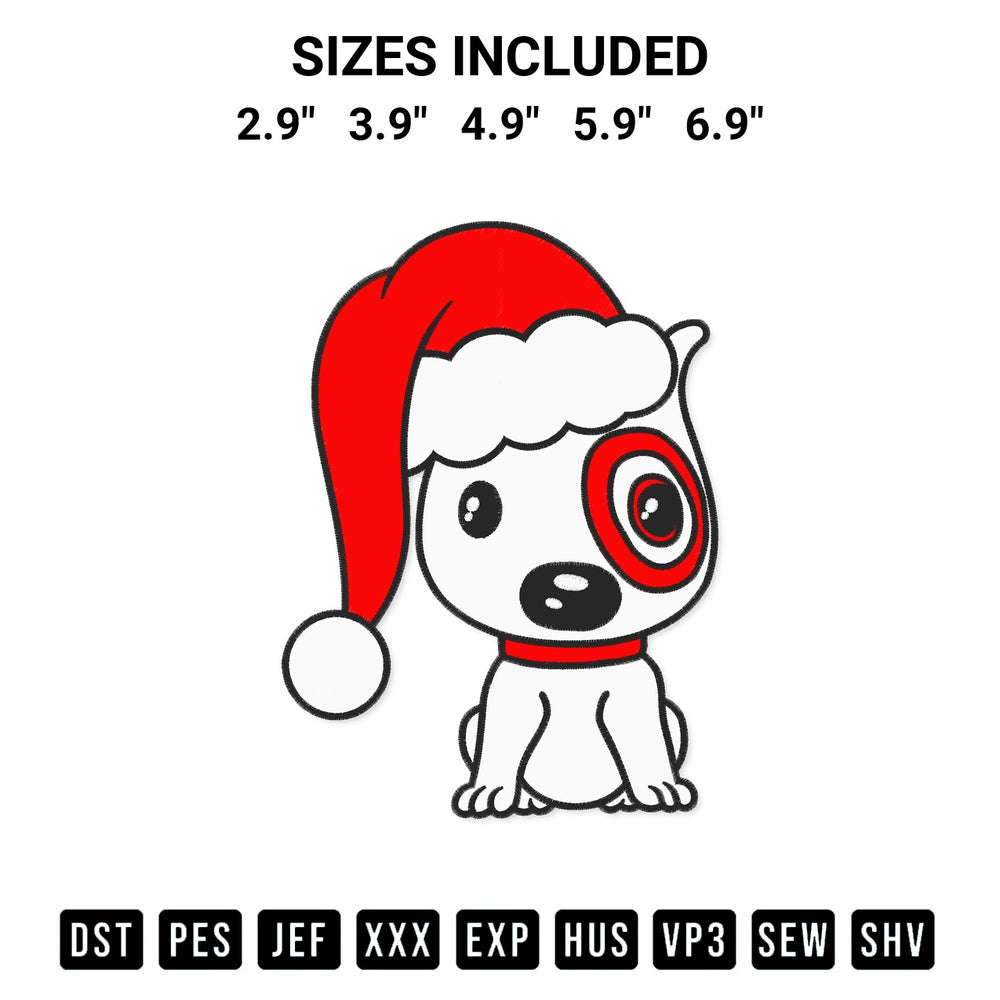 Discover the perfect addition to your crafting collection: Bullseye Santa Cute Dog Embroidery Design embroidery file. Instantly available at Designspacks.com. Available sizes: 2.9", 3.9", 4.9", 5.9", 6.9".