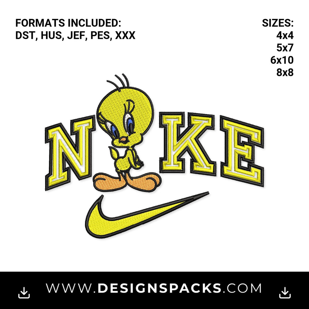 Yellow Tweety Bird Nike Swoosh Logo Embroidery Design - Instant digital download pattern at Designspacks.com