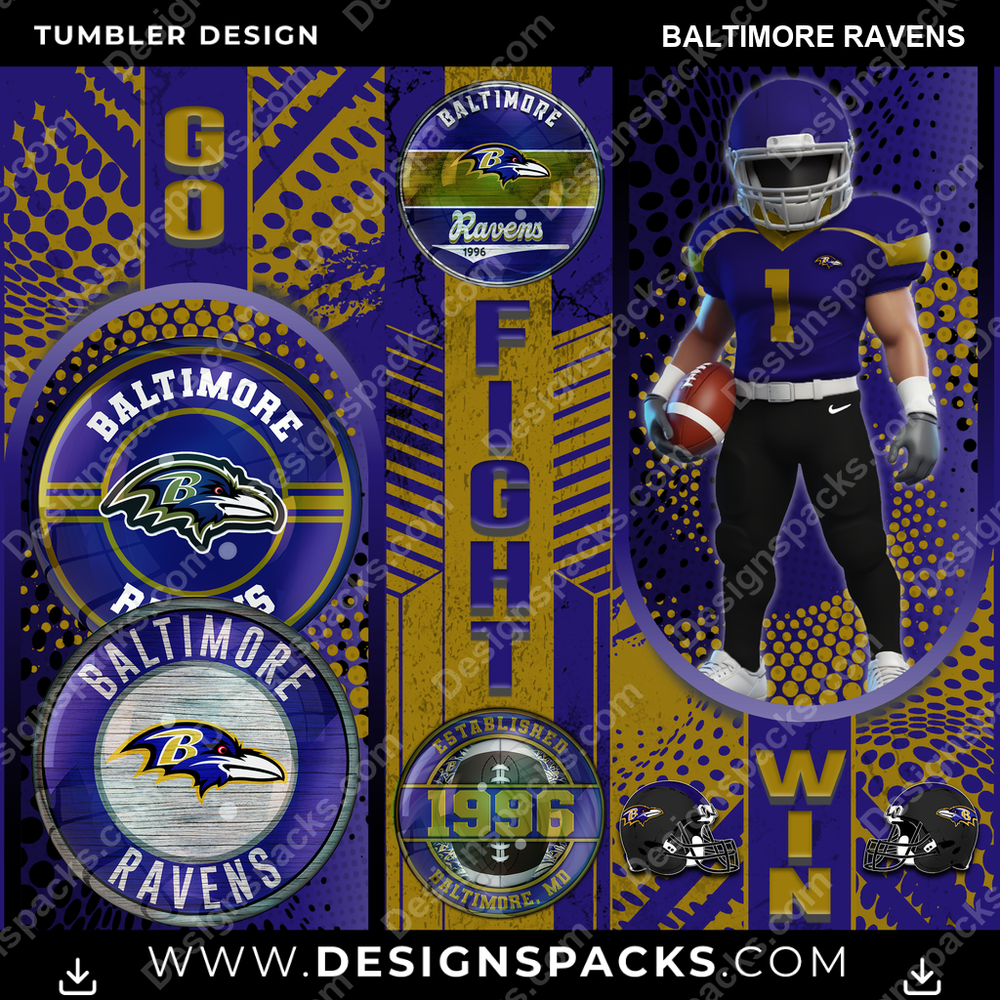 Football Go Fight Win Baltimore Ravens NFL Football Tumbler Digital Wrap Design Download