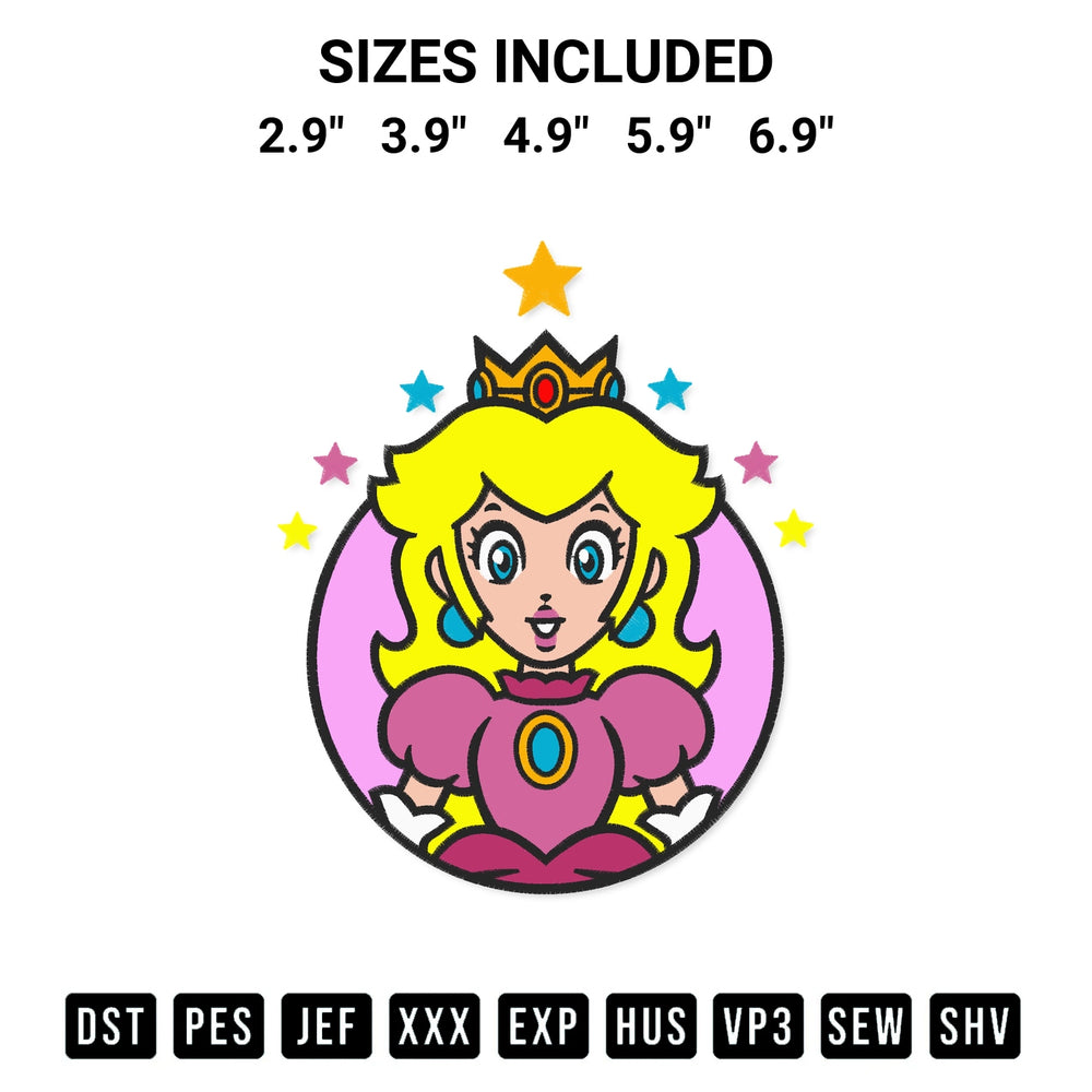 Add a unique touch to your apparel with the Princess Peach Embroidery Design embroidery file. Premium instant download available now on Designspacks.com. Available sizes: 2.9", 3.9", 4.9", 5.9", 6.9".