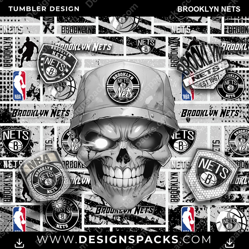 Basketball Skull Brooklyn Nets Tumbler Digital Wrap Design