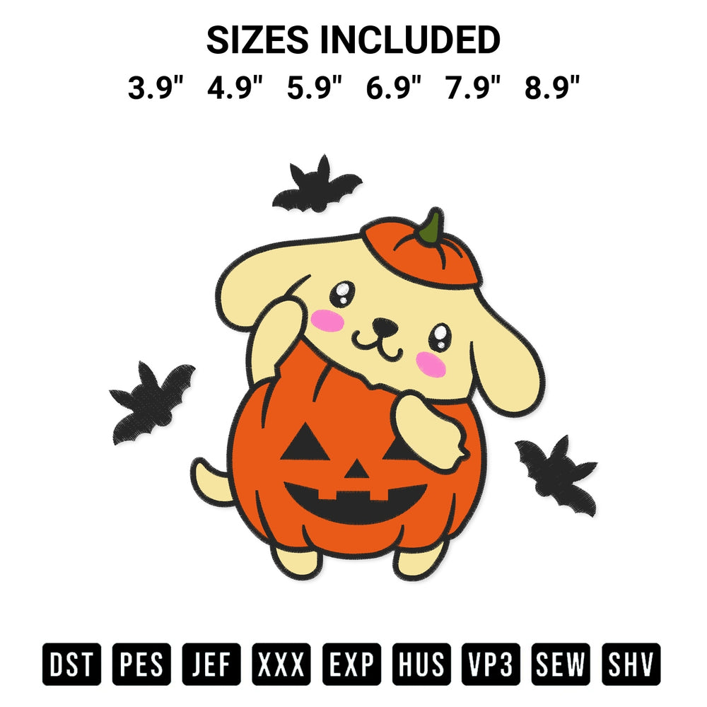 Shop the Pompompurin Pumpkin Halloween Embroidery Design machine embroidery pattern at Designspacks.com. Beautifully digitized for flawless stitching on any fabric. Available sizes: 3.9", 4.9", 5.9", 6.9", 7.9", 8.9".
