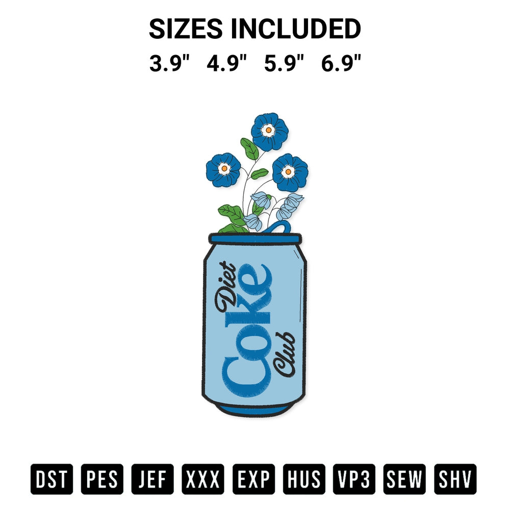 Elevate your next project with our Diet Coke Flower Blue Embroidery Design embroidery file. Shop high-quality digital patterns instantly at Designspacks.com. Available sizes: 3.9", 4.9", 5.9", 6.9".