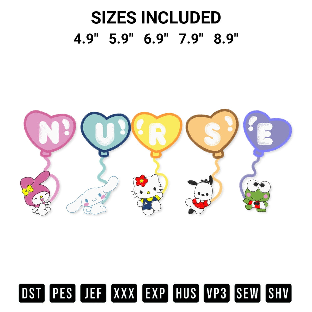 Shop the Nurse Kitty And Friends Holding Balloons Embroidery Design machine embroidery pattern at Designspacks.com. Beautifully digitized for flawless stitching on any fabric. Available sizes: 4.9", 5.9", 6.9", 7.9", 8.9".