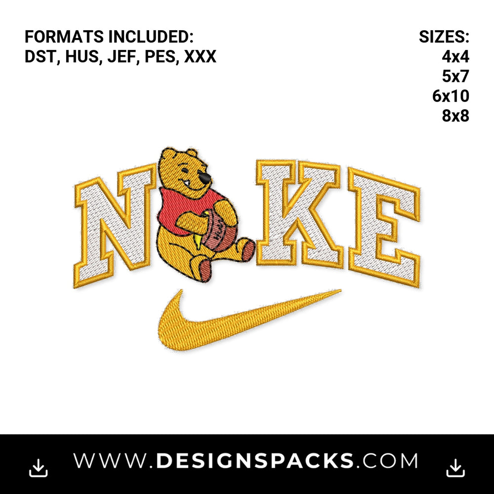 Winnie the Pooh Varsity Nike Swoosh Embroidery Design - Instant digital download pattern at Designspacks.com