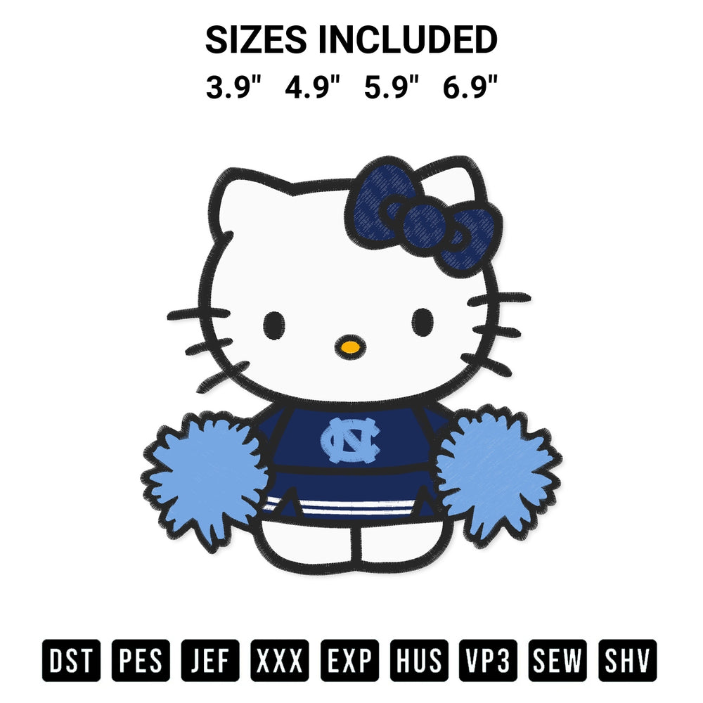 Transform your fabrics with the Hello Kitty Cheerleader North Carolina Tar Heels Embroidery Design embroidery design. Instant access to premium digitized patterns at Designspacks.com. Available sizes: 3.9", 4.9", 5.9", 6.9".