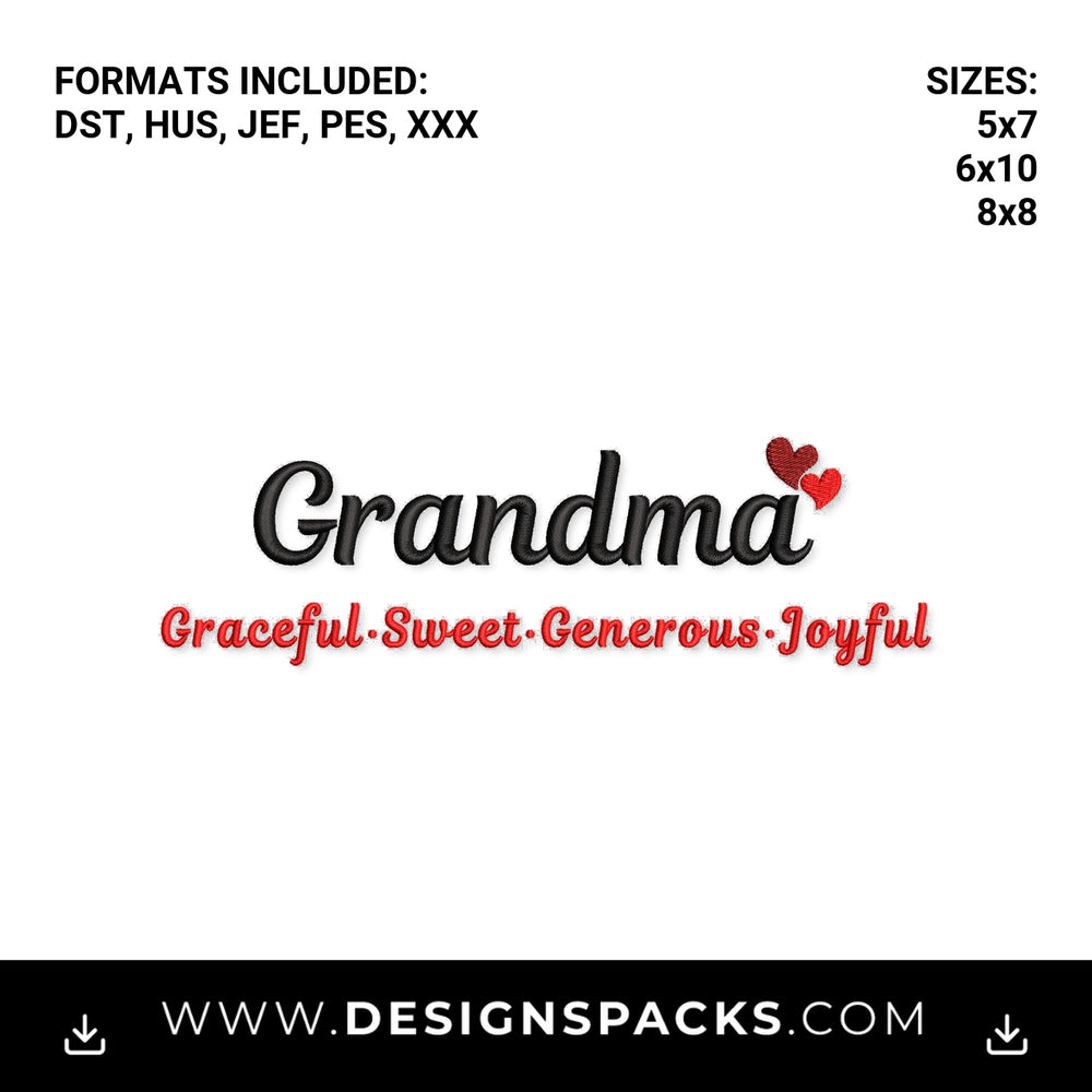 Grandma Graceful Sweet Generous Joyful Embroidery Design - Instant digital download pattern at Designspacks.com