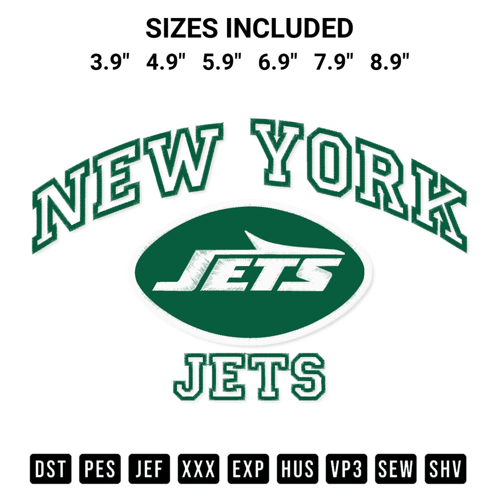 Add a unique touch to your apparel with the New York Jets Embroidery Design embroidery file. Premium instant download available now on Designspacks.com. Available sizes: 3.9", 4.9", 5.9", 6.9", 7.9", 8.9".