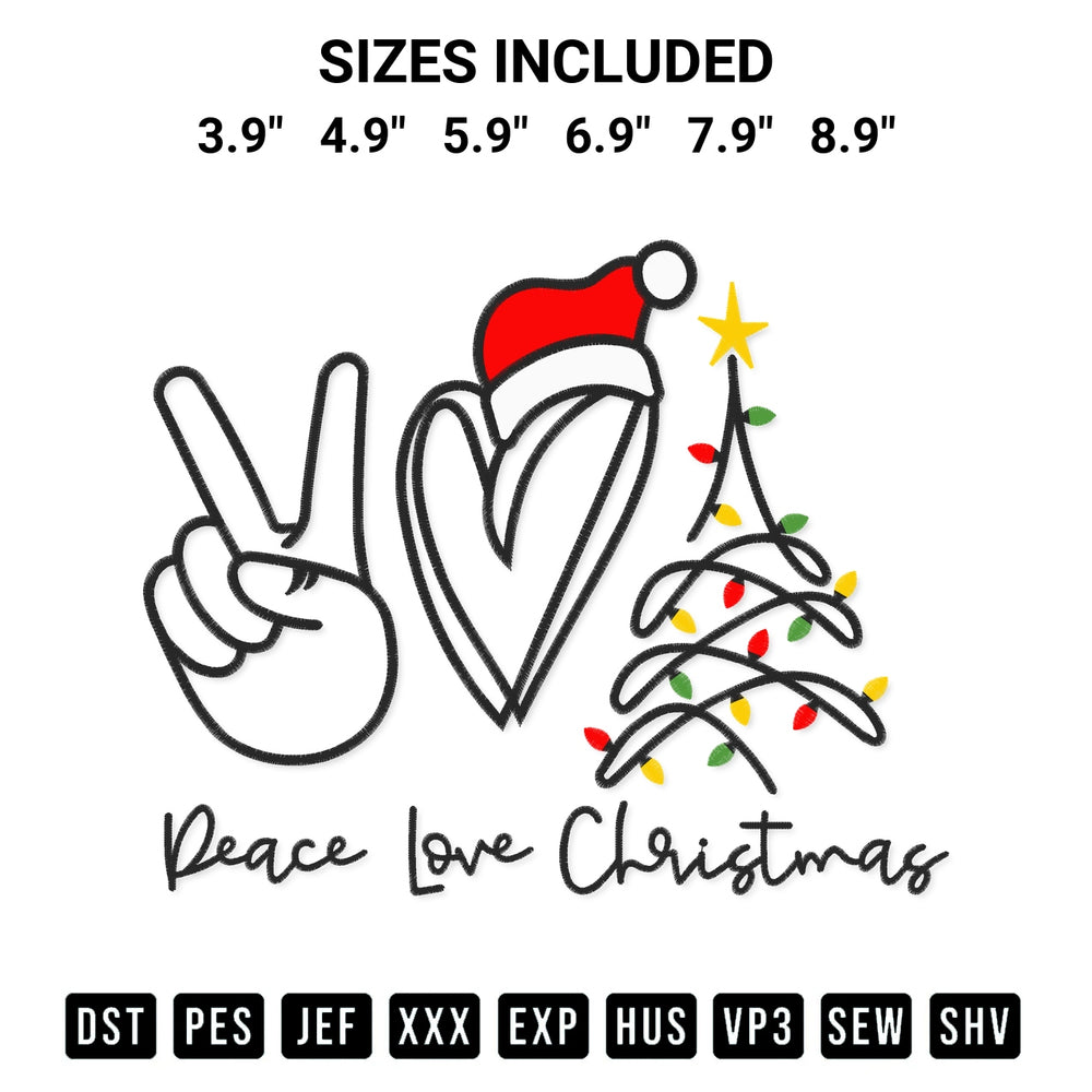 Shop the Peace Love Christmas Embroidery Design machine embroidery pattern at Designspacks.com. Beautifully digitized for flawless stitching on any fabric. Available sizes: 3.9", 4.9", 5.9", 6.9", 7.9", 8.9".