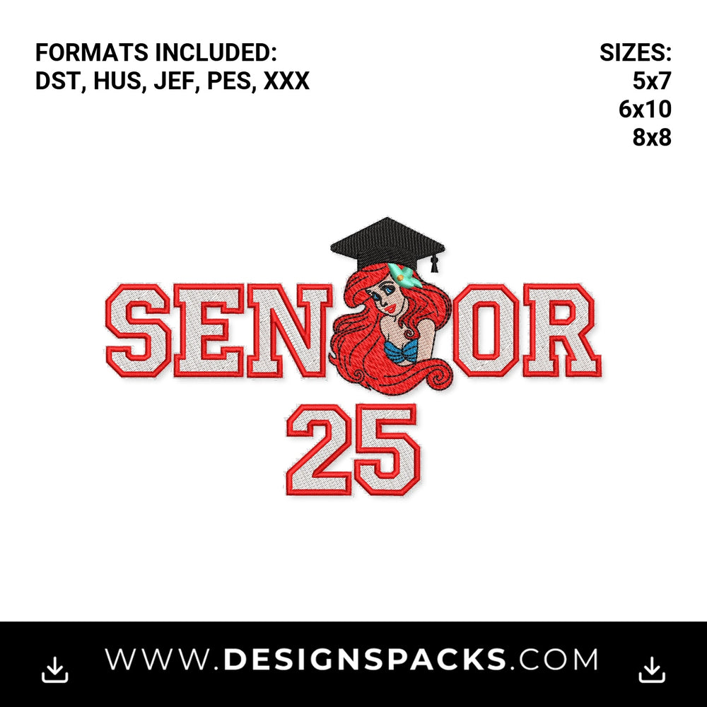 Ariel Mermaid Senior 2025 Graduation Embroidery Design - Instant digital download pattern at Designspacks.com