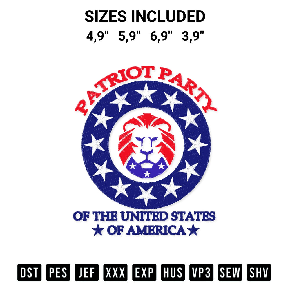 Discover the perfect addition to your crafting collection: Patriot Party Conservative Lion Of The United States Of America Logo Embroidery Design embroidery file. Instantly available at Designspacks.com. Available sizes: 4,9", 5,9", 6,9", 3,9".