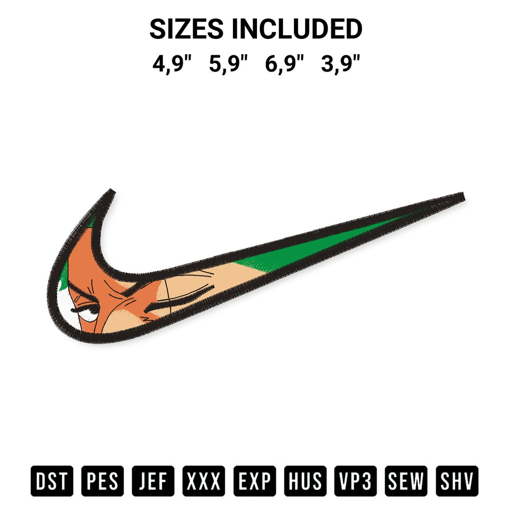Transform your fabrics with the Roronoa Zoro Nike Logo Embroidery Design embroidery design. Instant access to premium digitized patterns at Designspacks.com. Available sizes: 4,9", 5,9", 6,9", 3,9".