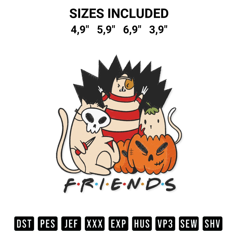 Shop the Friends Scary Halloween Cats Squad Pumpkin Spooky Halloween Season Logo Embroidery Design machine embroidery pattern at Designspacks.com. Beautifully digitized for flawless stitching on any fabric. Available sizes: 4,9", 5,9", 6,9", 3,9".