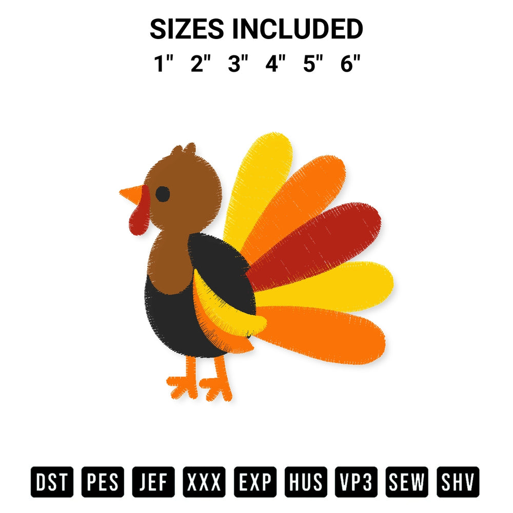 Stitch like a pro with the Baby Turkey Embroidery Design embroidery pattern from Designspacks.com. High-quality digital machine embroidery file. Available sizes: 1", 2", 3", 4", 5", 6".
