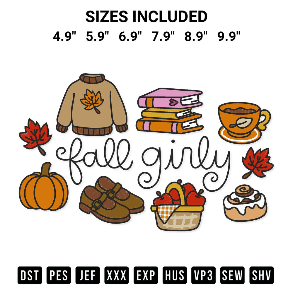 Shop the Fall Girly Embroidery Design machine embroidery pattern at Designspacks.com. Beautifully digitized for flawless stitching on any fabric. Available sizes: 4.9", 5.9", 6.9", 7.9", 8.9", 9.9".