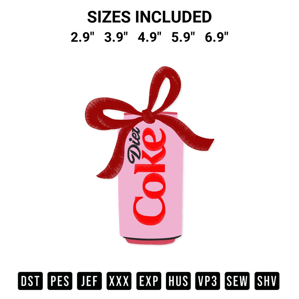 Shop the Diet Coke With Bow Embroidery Design machine embroidery pattern at Designspacks.com. Beautifully digitized for flawless stitching on any fabric. Available sizes: 2.9", 3.9", 4.9", 5.9", 6.9".