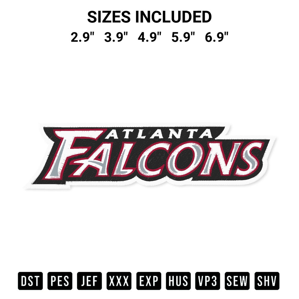 Stitch like a pro with the Atlanta Falcons Wordmark Logo Embroidery Design embroidery pattern from Designspacks.com. High-quality digital machine embroidery file. Available sizes: 2.9", 3.9", 4.9", 5.9", 6.9".
