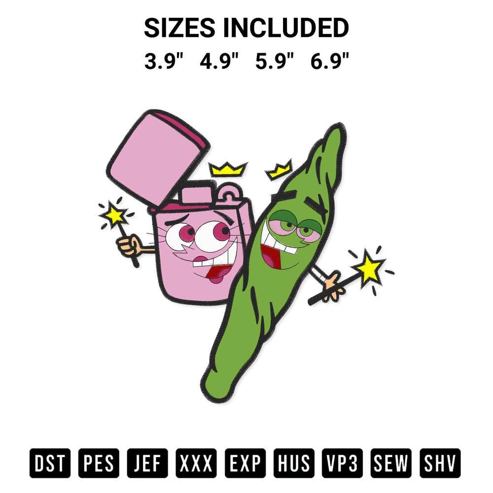 Transform your fabrics with the Cosmo And Wanda Stoner Embroidery Design embroidery design. Instant access to premium digitized patterns at Designspacks.com. Available sizes: 3.9", 4.9", 5.9", 6.9".