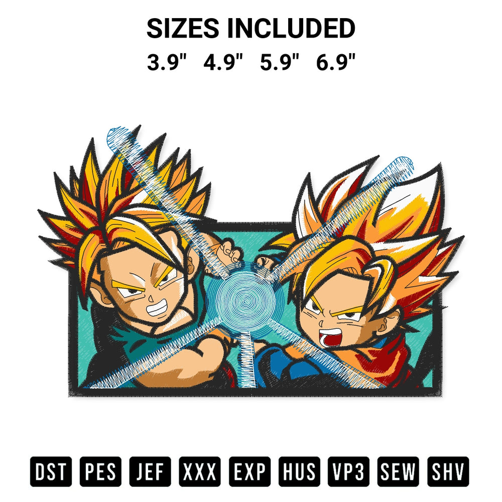 Transform your fabrics with the Trunks And Goten Anime Embroidery Design embroidery design. Instant access to premium digitized patterns at Designspacks.com. Available sizes: 3.9", 4.9", 5.9", 6.9".
