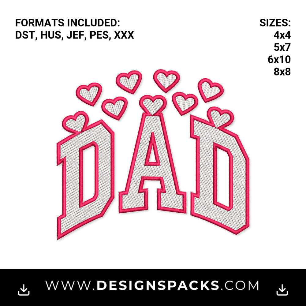 Varsity DAD with Hearts Embroidery Design - Instant digital download pattern at Designspacks.com