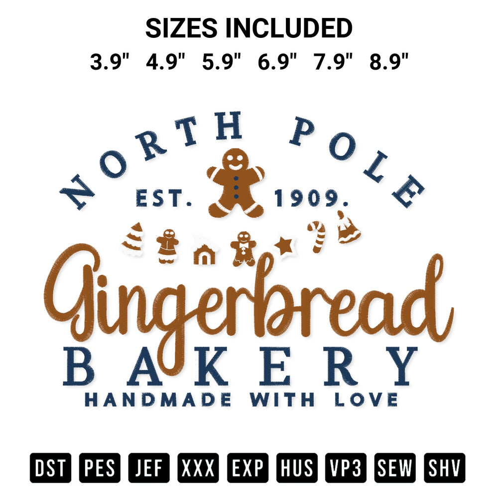 Add a unique touch to your apparel with the North Pole Gingerbread Bakery Handmade With Love Embroidery Design embroidery file. Premium instant download available now on Designspacks.com. Available sizes: 3.9", 4.9", 5.9", 6.9", 7.9", 8.9".