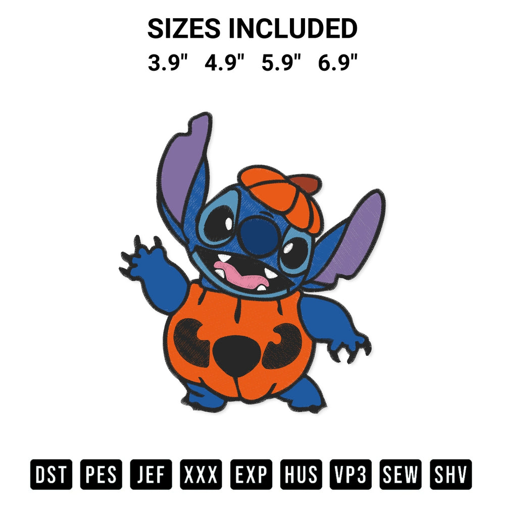 Transform your fabrics with the Disney Stitch Pumpkin Funny Embroidery Design embroidery design. Instant access to premium digitized patterns at Designspacks.com. Available sizes: 3.9", 4.9", 5.9", 6.9".