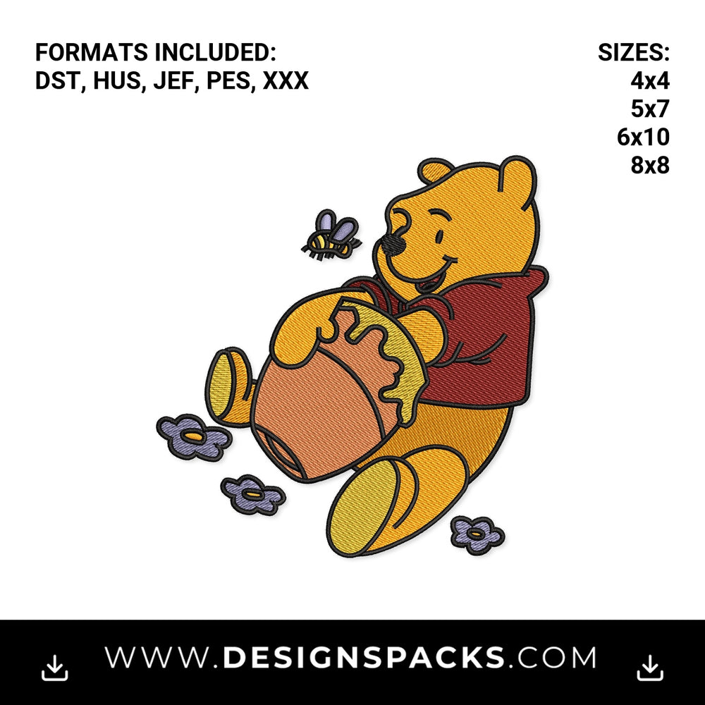 Cute Honey Bear with Honey Pot & Bee Embroidery Design - Instant digital download pattern at Designspacks.com