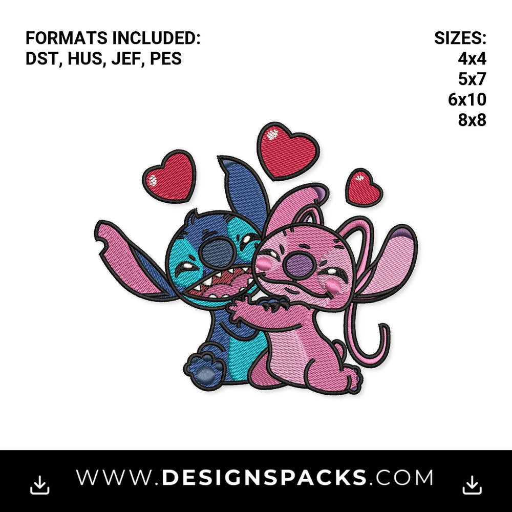 Stitch and Angel Hugging with Hearts Embroidery Design - Instant digital download pattern at Designspacks.com