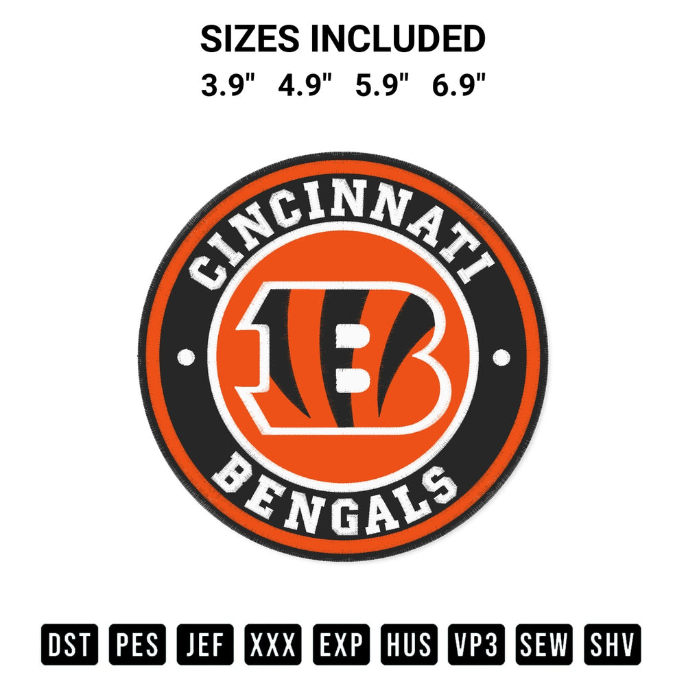 Shop the Cincinnati Bengals Circle Logo Embroidery Design machine embroidery pattern at Designspacks.com. Beautifully digitized for flawless stitching on any fabric. Available sizes: 3.9", 4.9", 5.9", 6.9".