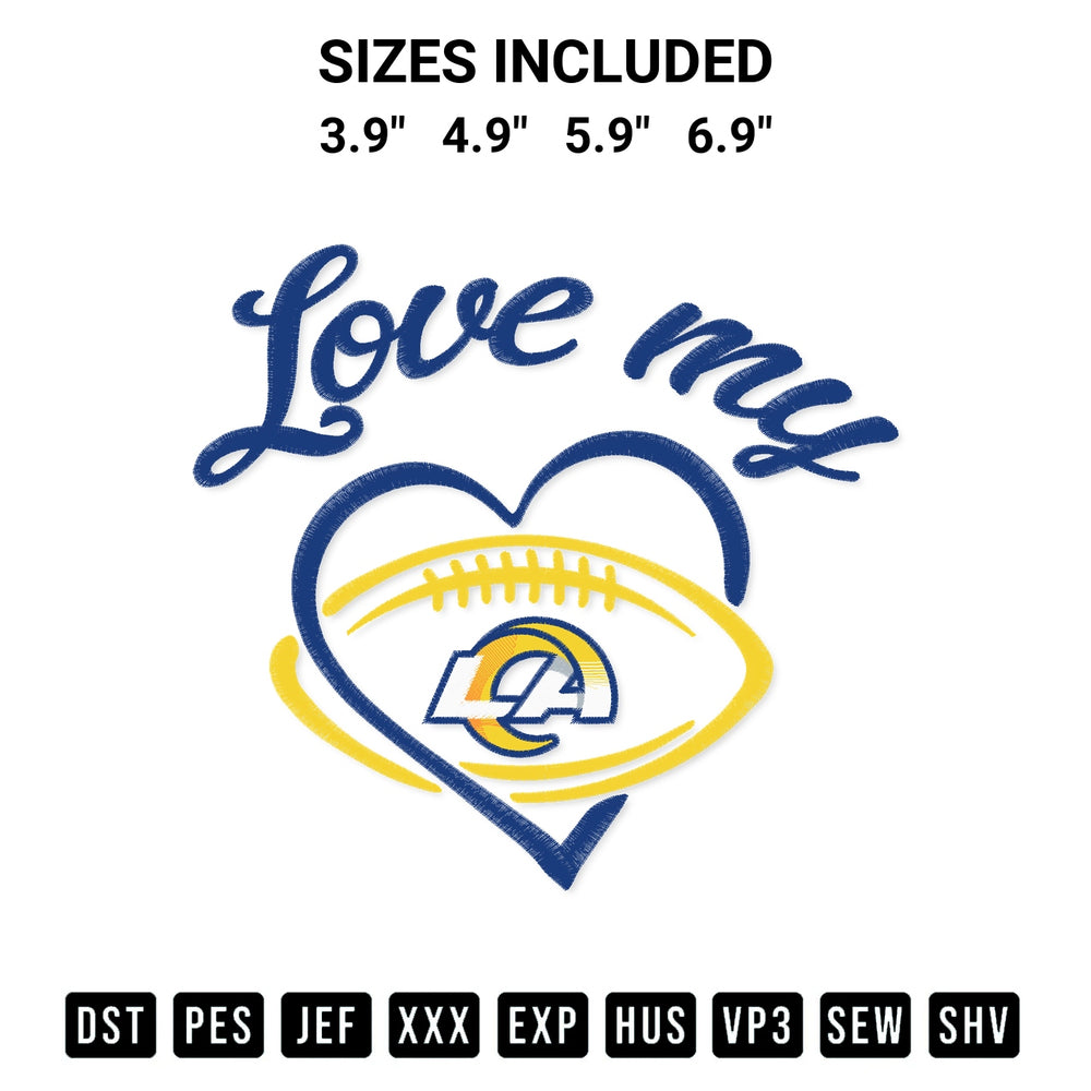 Add a unique touch to your apparel with the Love My Los Angeles Rams Embroidery Design embroidery file. Premium instant download available now on Designspacks.com. Available sizes: 3.9", 4.9", 5.9", 6.9".