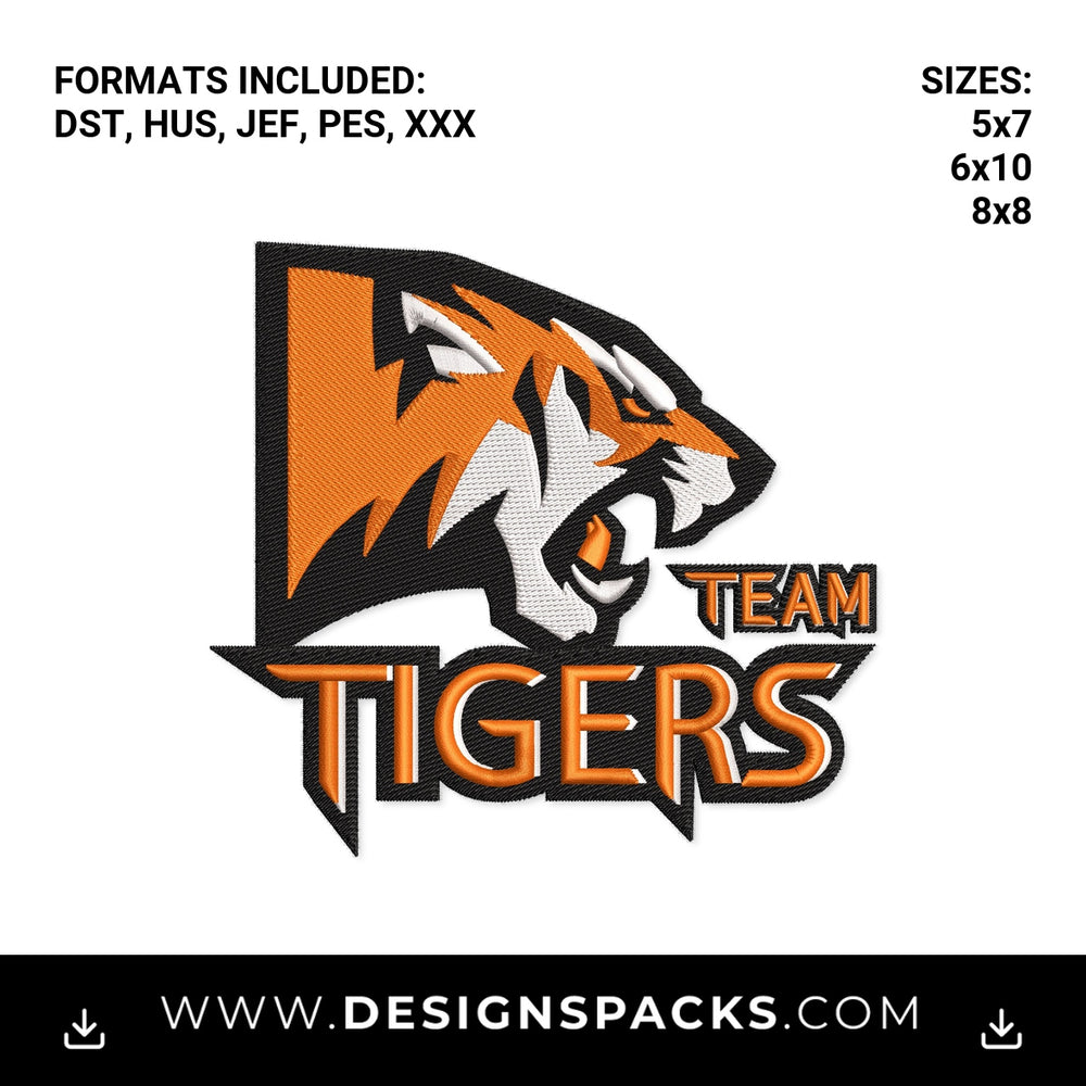 Fierce Team Tigers Sports Mascot Logo Embroidery Design - Instant digital download pattern at Designspacks.com
