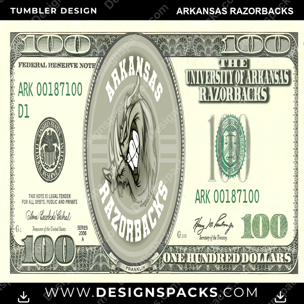 College Sport 100 Dollar Bill Arkansas Razorbacks NCAA College Sport Tumbler Digital Wrap Design Download