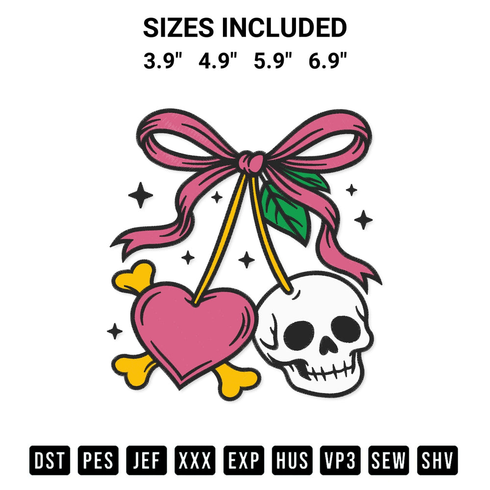 Download the Skull Heart And Cherry Coquette Embroidery Design machine embroidery design exclusively at Designspacks.com. Premium digitized pattern for apparel and DIY crafts. Available sizes: 3.9", 4.9", 5.9", 6.9".
