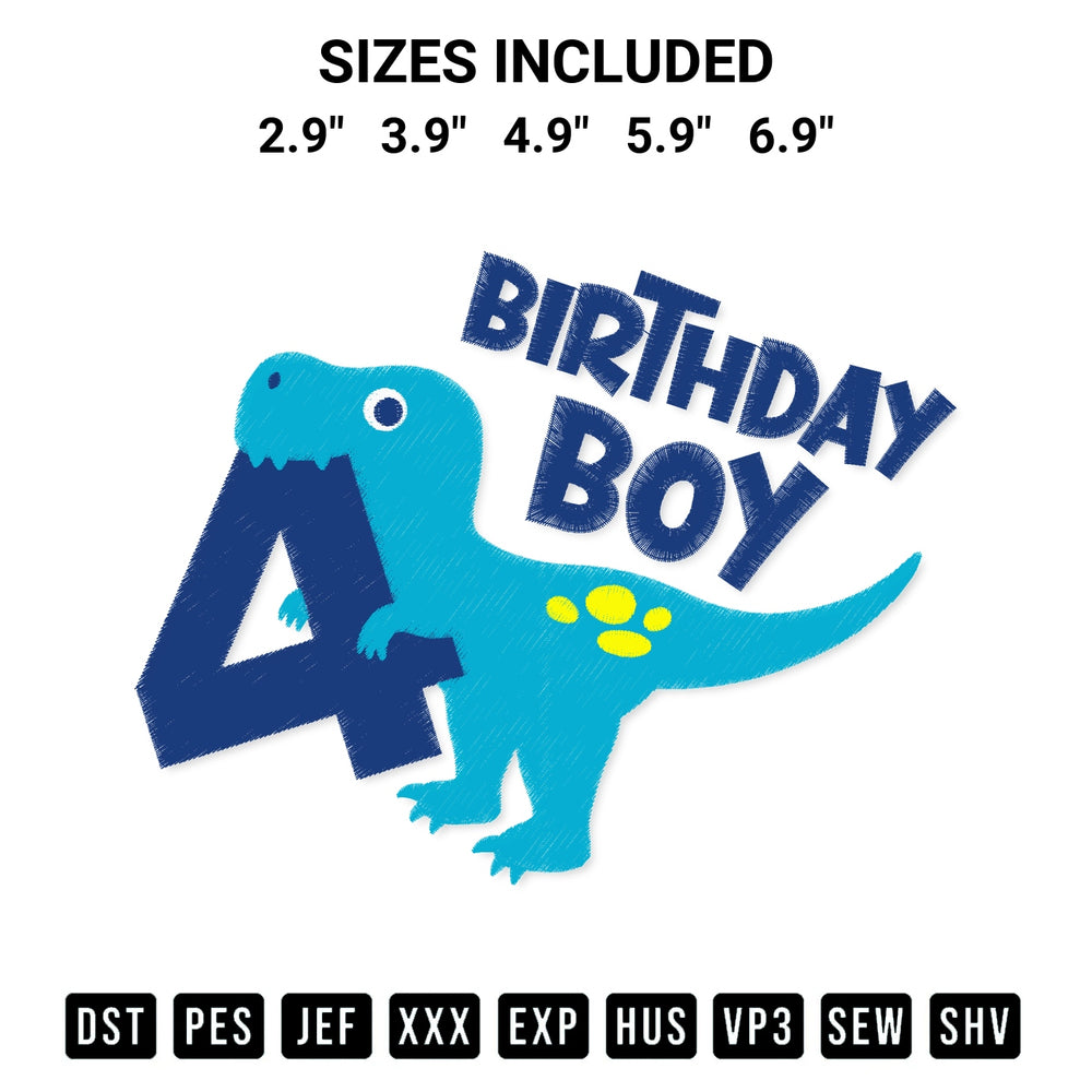 Get the 4 Year Old Boy Birthday Dinosaur Embroidery Design embroidery design for your custom crafts! Premium digitized files available for instant download at Designspacks.com. Available sizes: 2.9", 3.9", 4.9", 5.9", 6.9".