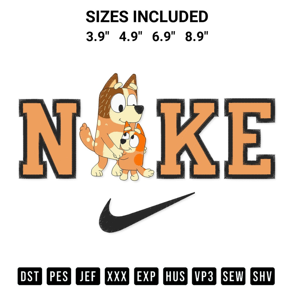 Get the Bluey Bingo Mom X Nike Embroidery Design embroidery design for your custom crafts! Premium digitized files available for instant download at Designspacks.com. Available sizes: 3.9", 4.9", 6.9", 8.9".