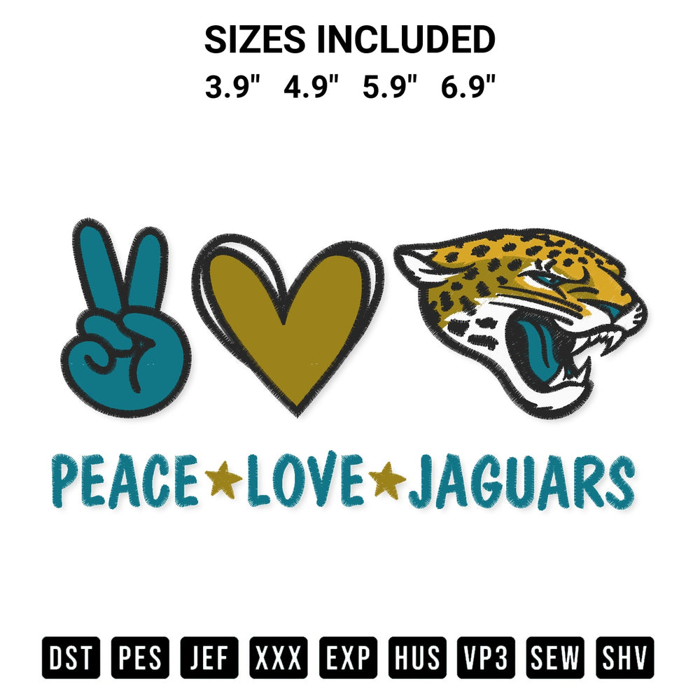 Looking for the perfect pattern? Download the Peace Love Jacksonville Jaguars Embroidery Design embroidery design today at Designspacks.com. Crisp, clean stitching guaranteed. Available sizes: 3.9", 4.9", 5.9", 6.9".