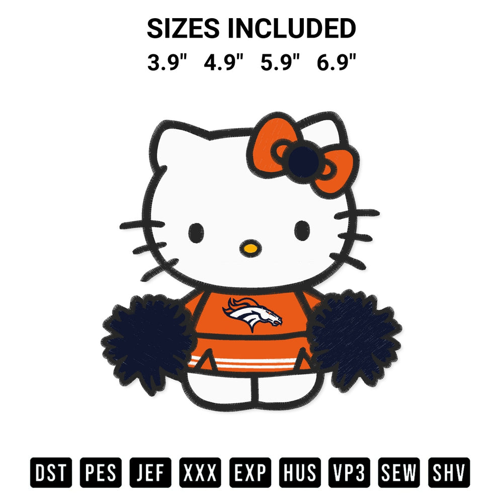 Download the Denver Broncos Hello Kitty Cheerleader Embroidery Design machine embroidery design exclusively at Designspacks.com. Premium digitized pattern for apparel and DIY crafts. Available sizes: 3.9", 4.9", 5.9", 6.9".