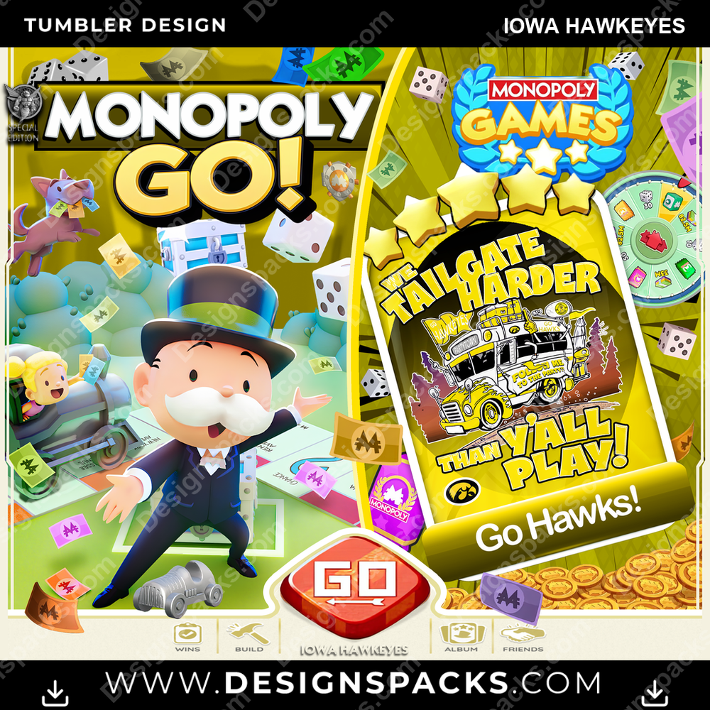 College Sport Monopoly Go! Iowa Hawkeyes NCAA College Sport Tumbler Digital Wrap Design Download
