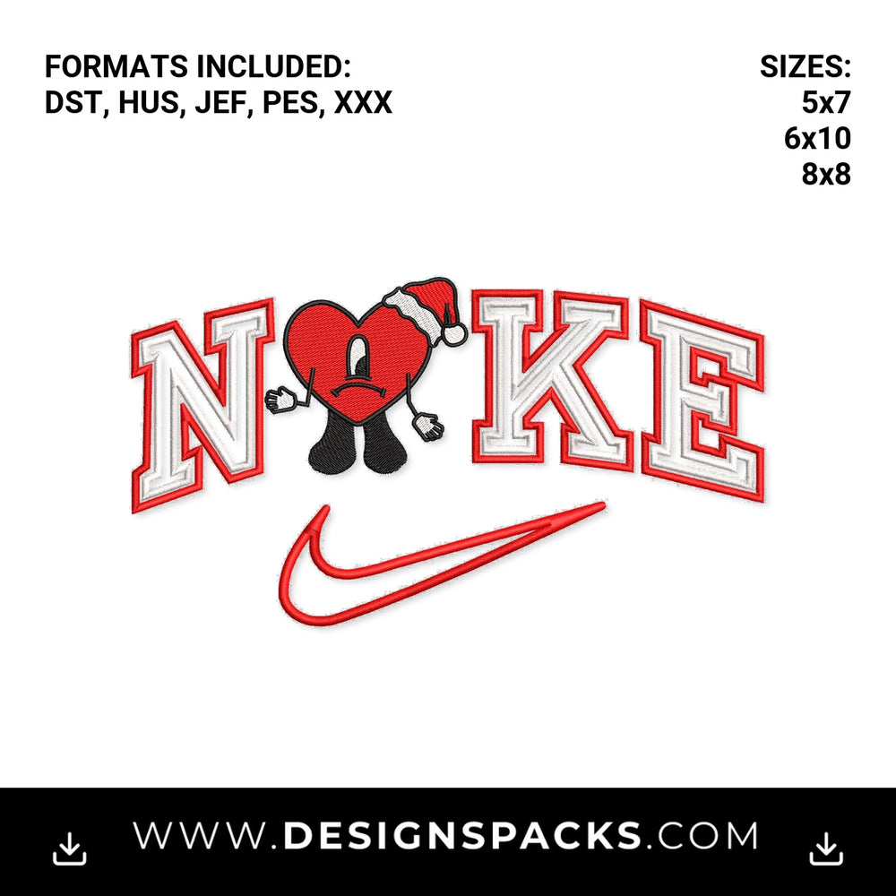 Bad Bunny Christmas Santa Heart Swoosh Embroidery Design - Instant digital download pattern at Designspacks.com