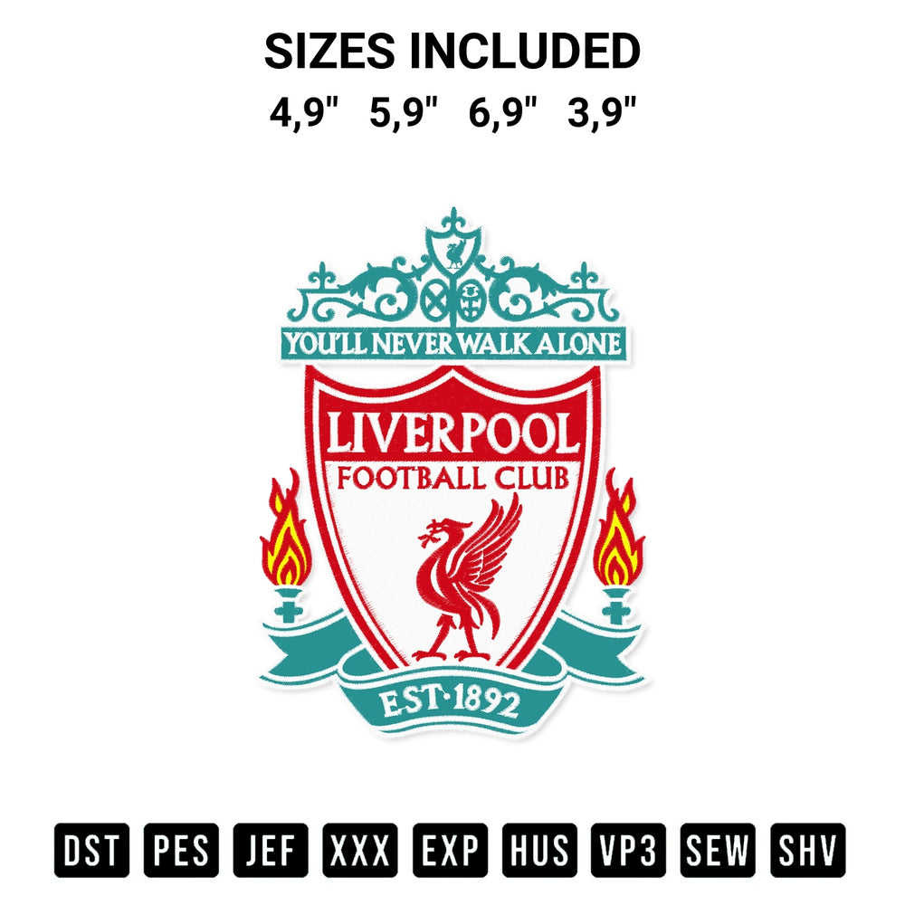 Create amazing crafts with the Liverpool Football Club Embroidery Design embroidery file. High-quality digital download from Designspacks.com, perfect for beginners and pros. Available sizes: 4,9", 5,9", 6,9", 3,9".