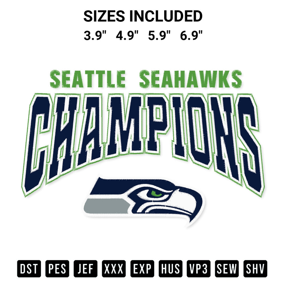 Shop the Seattle Seahawks Champions Embroidery Design machine embroidery pattern at Designspacks.com. Beautifully digitized for flawless stitching on any fabric. Available sizes: 3.9", 4.9", 5.9", 6.9".