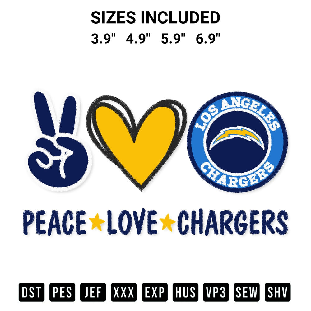 Discover the perfect addition to your crafting collection: Peace Love Los Angeles Chargers Embroidery Design embroidery file. Instantly available at Designspacks.com. Available sizes: 3.9", 4.9", 5.9", 6.9".